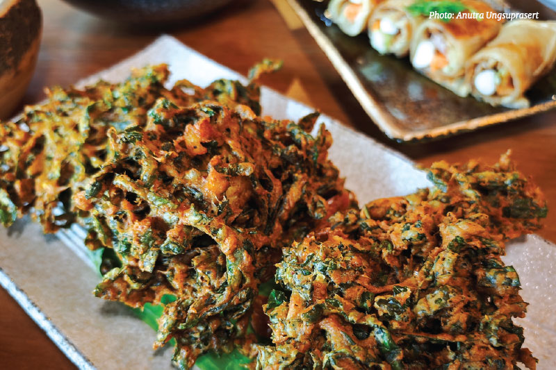 Goong Dok Hed, a savoury crunchy mouthful that elevates the meal