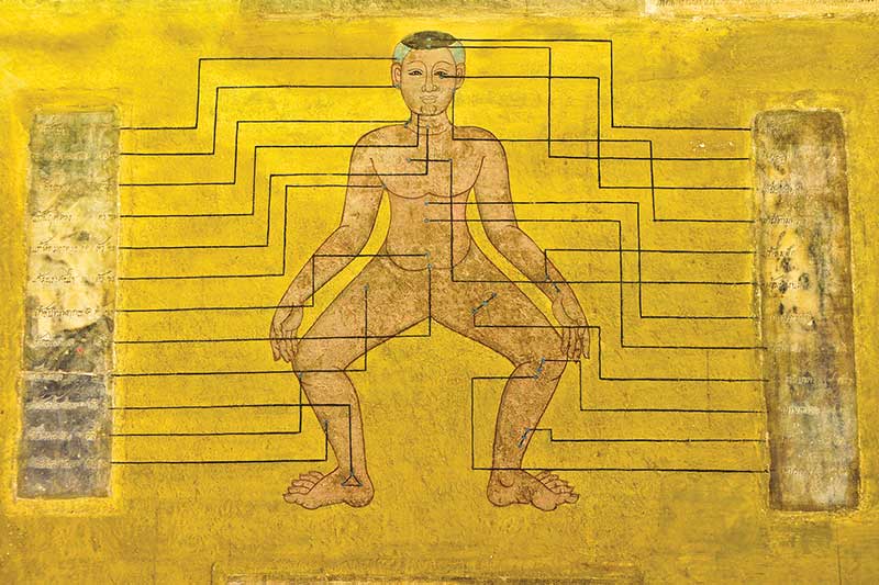An ancient diagram at Wat Pho traces the body’s invisible energy lines
